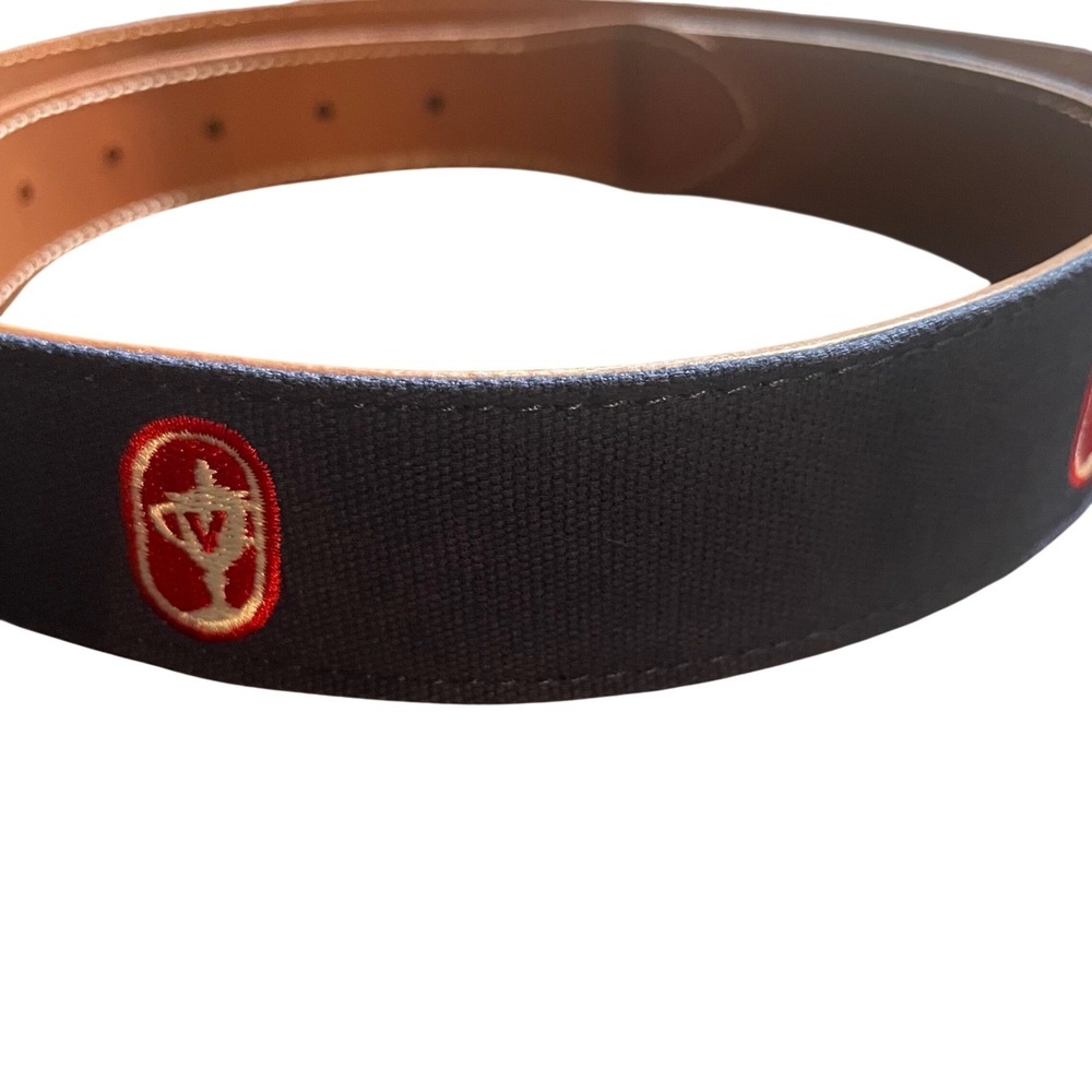 Roostas Mens Navy Blue Embroidered Trophy Crest Canvas Leather Belt Size 38 - Picture 3 of 7